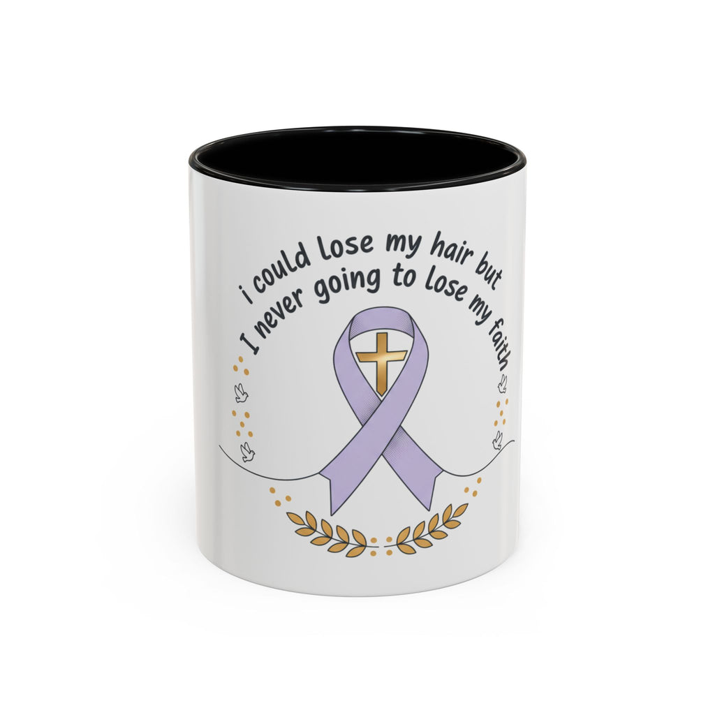 Faith & Hope Accent Mug — "I Could Lose My Hair But I’m Never Going To Lose My Faith" (Lavender Ribbon)