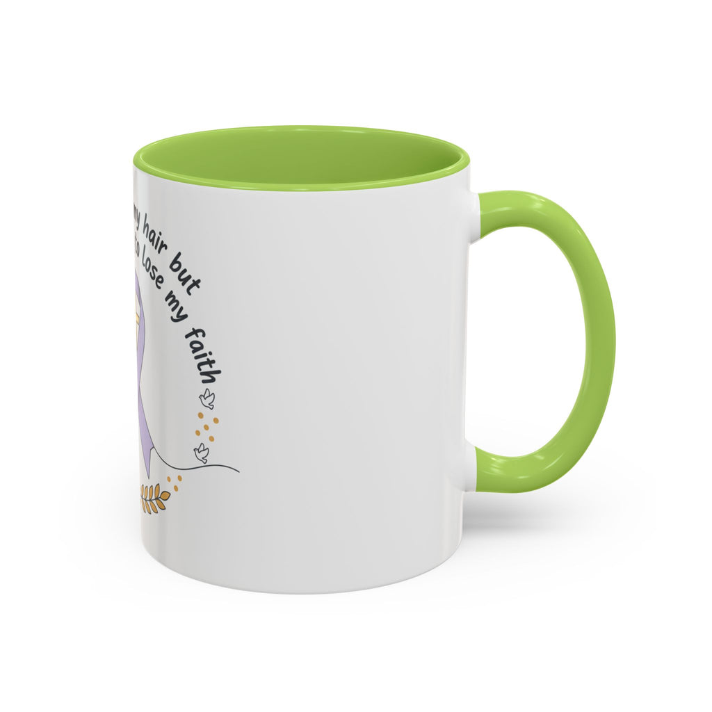 Faith & Hope Accent Mug — "I Could Lose My Hair But I’m Never Going To Lose My Faith" (Lavender Ribbon)
