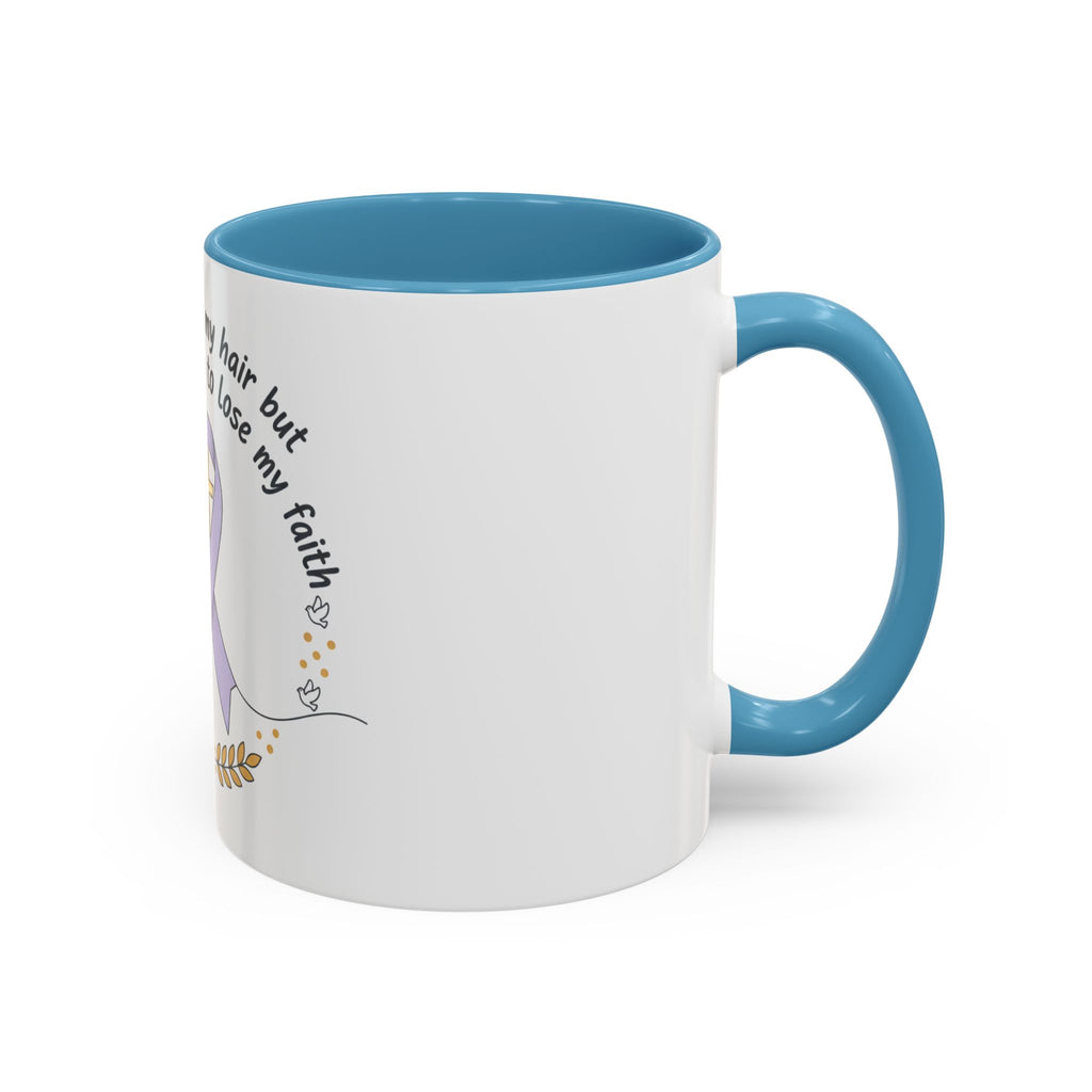 Faith & Hope Accent Mug — "I Could Lose My Hair But I’m Never Going To Lose My Faith" (Lavender Ribbon)