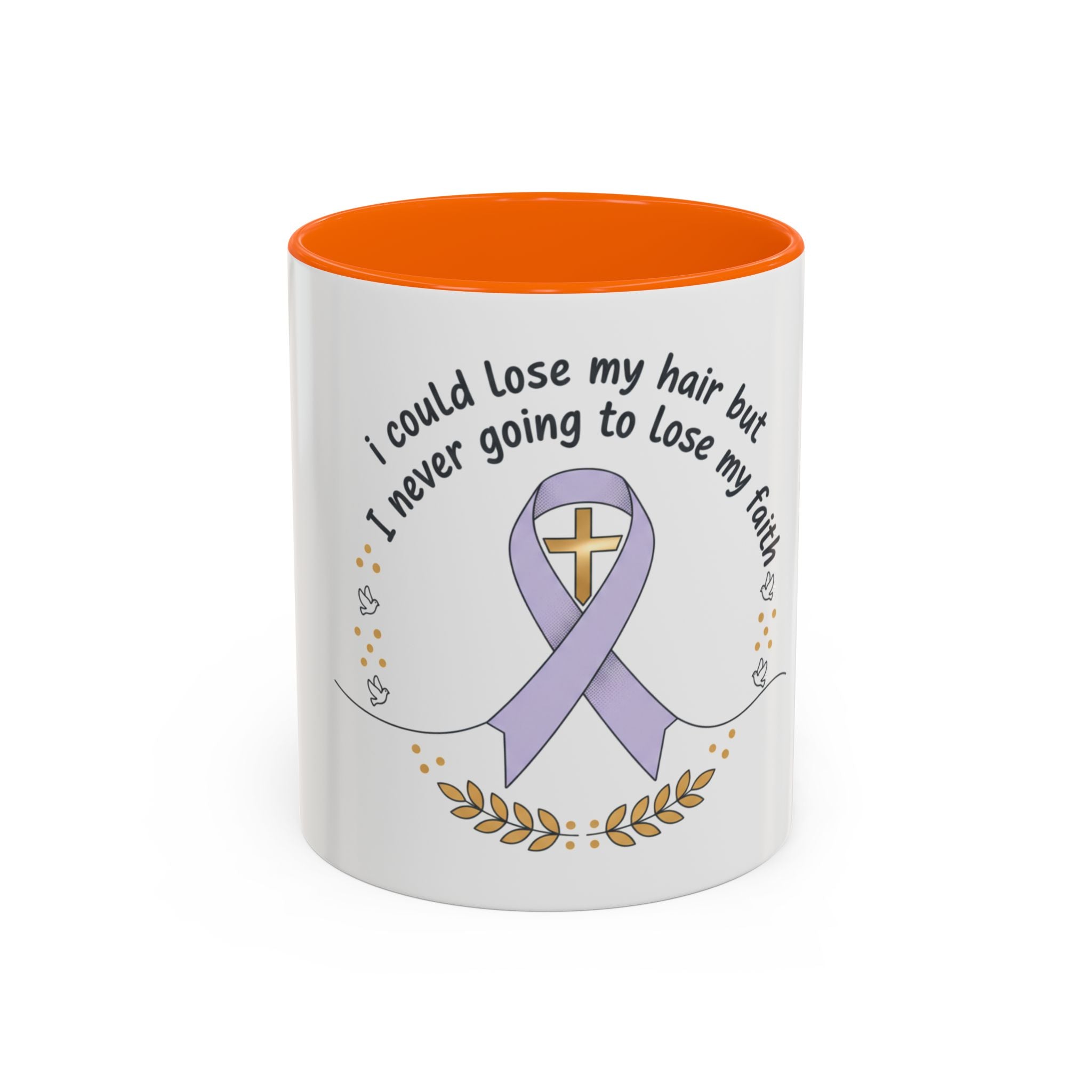 Faith & Hope Accent Mug — "I Could Lose My Hair But I’m Never Going To Lose My Faith" (Lavender Ribbon)