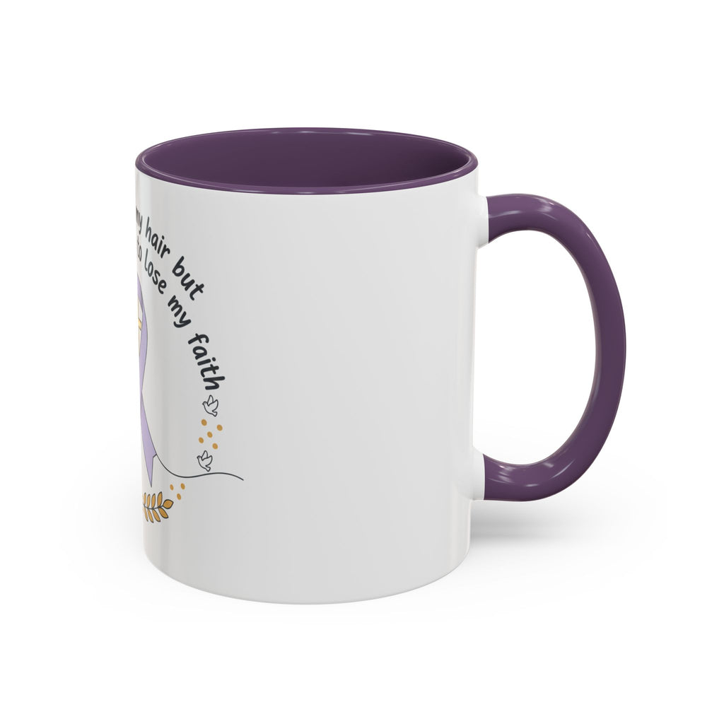 Faith & Hope Accent Mug — "I Could Lose My Hair But I’m Never Going To Lose My Faith" (Lavender Ribbon)