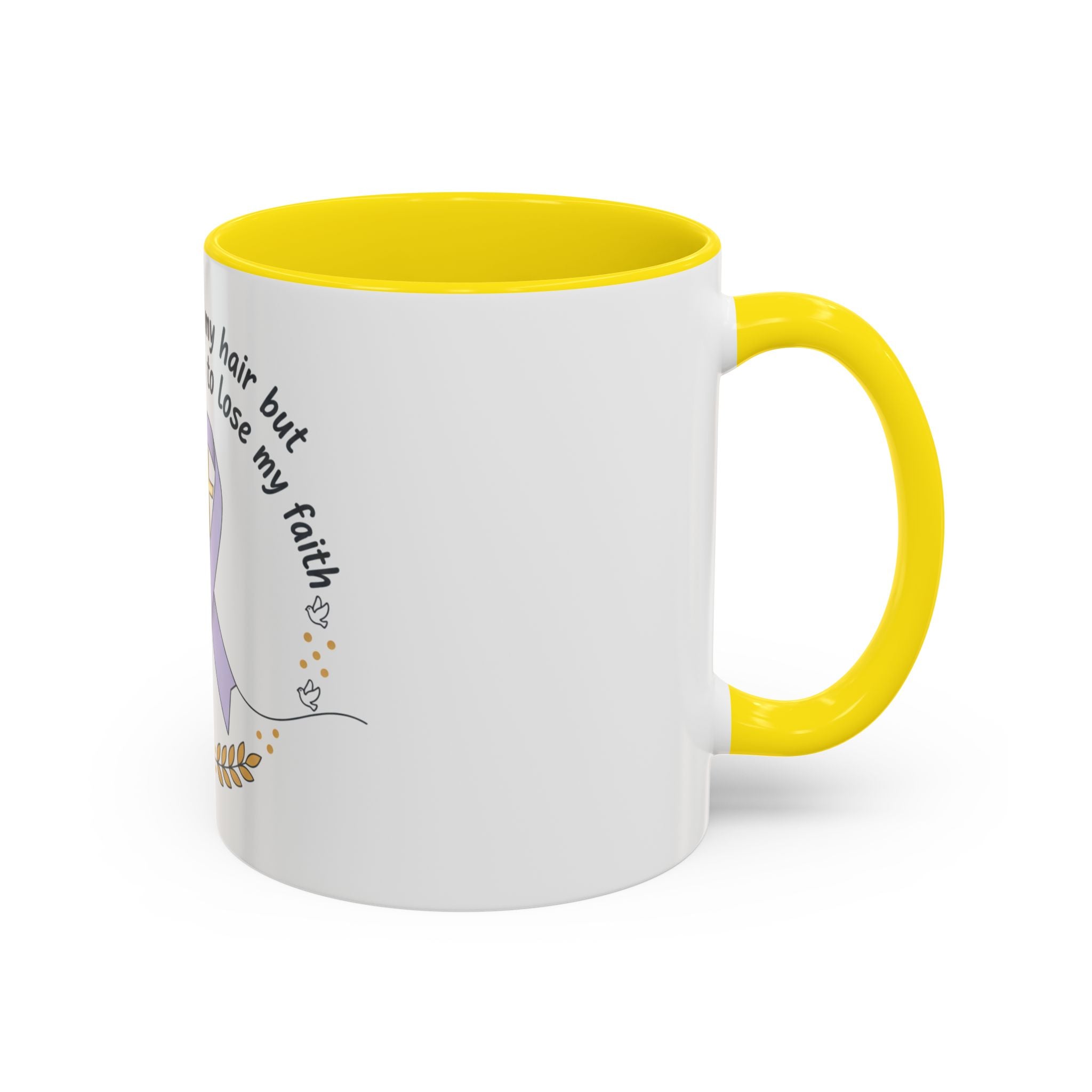 Faith & Hope Accent Mug — "I Could Lose My Hair But I’m Never Going To Lose My Faith" (Lavender Ribbon)