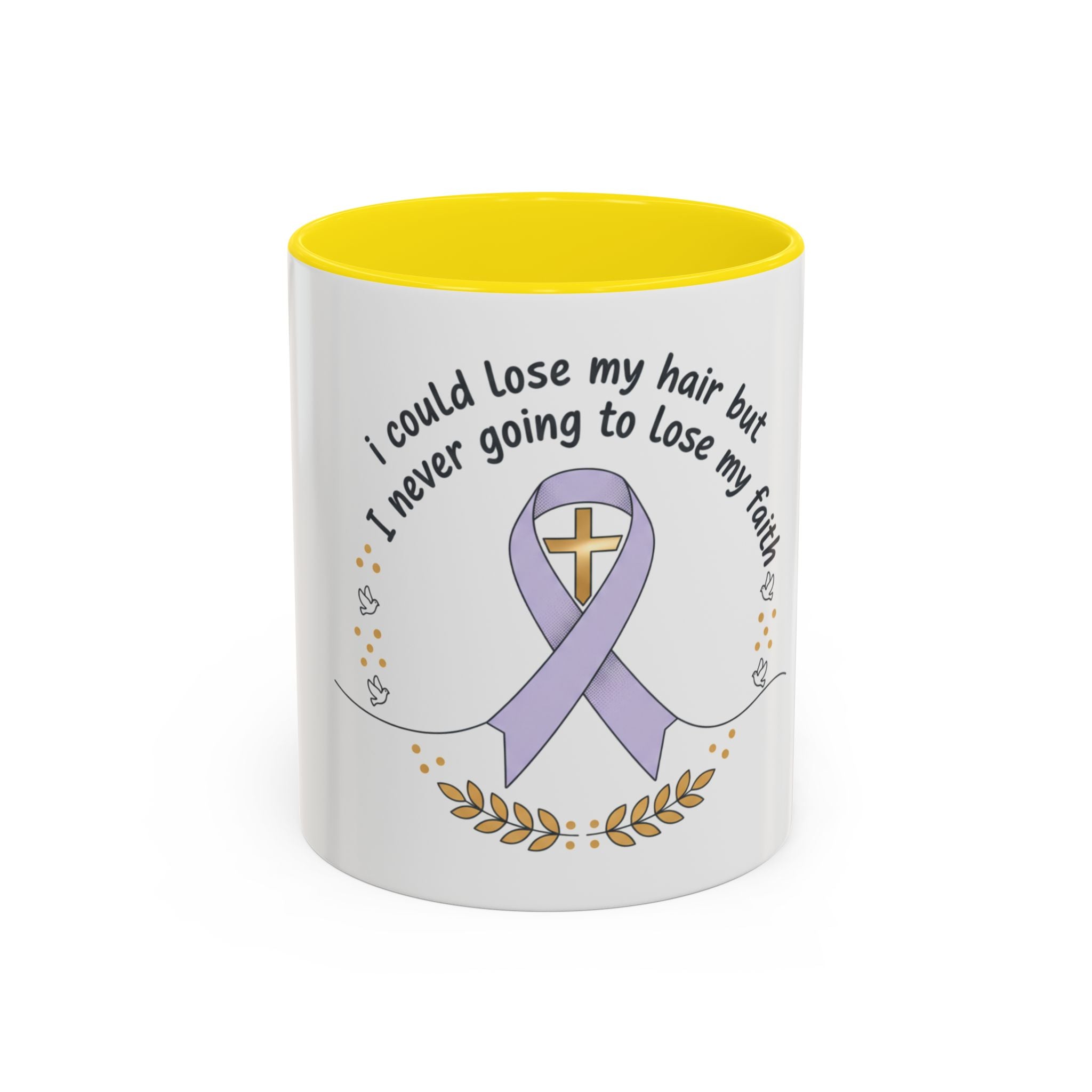 Faith & Hope Accent Mug — "I Could Lose My Hair But I’m Never Going To Lose My Faith" (Lavender Ribbon)